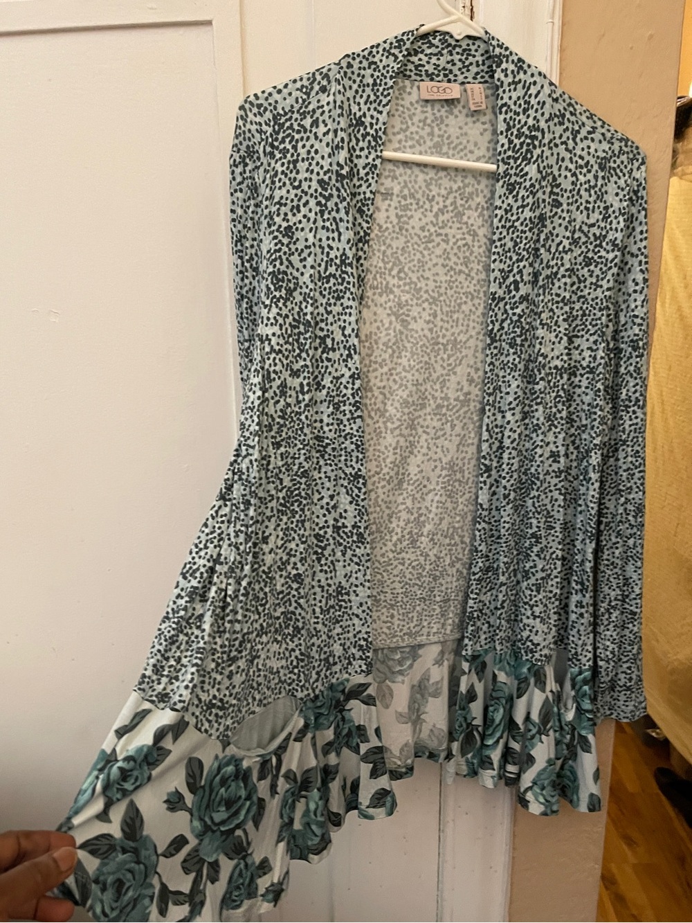 LOGO by Lori Goldstein Teal Floral & Dot Open-Front Cardigan